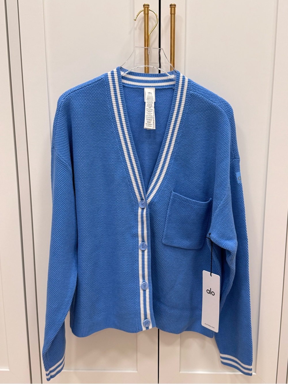 ALO Yoga Tennis Club Sweater Knit Cardigan in Crystal Clear Blue/White